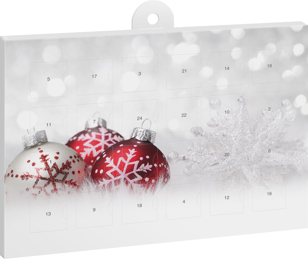 reinpapier® A5-Adventskalender – personalisierbares STANDARDMOTIV, Weihnachtskugeln Rot/Weiß